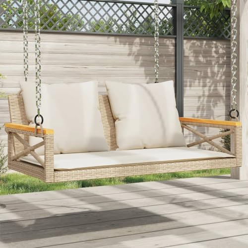 Gecheer Hollywoodschaukel mit Kissen, Hollywoodschaukel für den Außenbereich, 2-Sitzer-Hollywoodschaukel, Gartenschaukel, Schaukelbank, Hängesitz, Gartenschaukel, Beige 109 x 62 x 40 cm aus Polyrattan
