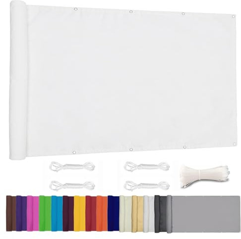 Moboo Balkon Sichtschutz PB2 PES blickdichte Balkonumspannung mit Ösen und Kabelbinder 8 Tage geliefert - in div.5 Größen & 2 Farben 420D Weiß, 1.1x3.5m