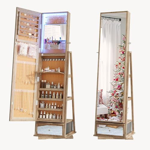 Lvifur Armoire à bijoux rotative à 360 °,3 couleurs à intensité variable Organisateur de Bijoux,boîte de rangement à bijoux verrouillable au sol avec fond avec tiroir,Marron