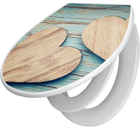 banjado Familien WC Sitz mit Absenkautomatik 44,5x37cm / Klodeckel/Klobrille mit Kindersitz aus hochwertigem Polypropylen/Toilettensitz Kindersitz integriert Motiv Holz Herzen