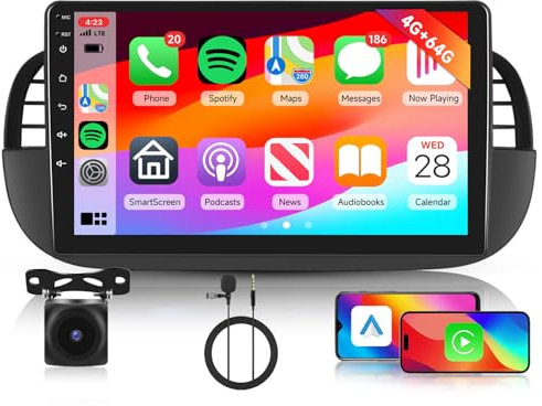 Hodozzy 4GB+64GB Autoradio per Fiat 500 2007-2015 Android 9 Pollici InCell Schermo Carplay Wireless Android Auto, Radio 2 Din Touchscreen per Fiat 500 Bluetooth DSP GPS Navigatore WiFi RDS Telecamera