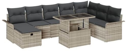 vidaXL Garten-Sofa-Set mit Kissen 9 pcs Hellgrau Poly Rattan, Moderner, vielseitiger Gartensatz, wetterfestes Loungeset, verstellbare Füße, schicke Terrassenmöbel.