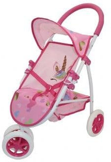 Poussette Poupee 3 Roues Licorne et Coeurs, Rose - 56x36x60cm - Jogger, Buggy Poupon - Set Jouet Accessoire Fille et Une Carte