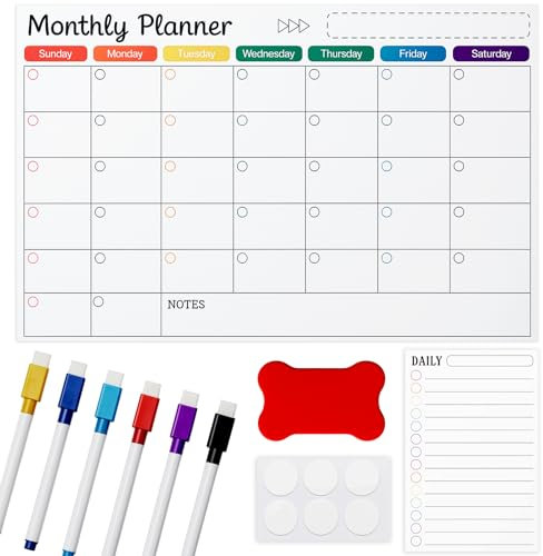GROWNEER 2-Pack Magnetic Dry Erase Calendar Set – A3 Monthly & A5 Daily Whiteboards for Fridge or Non-Magnetic Surfaces – Includes 6 Markers, 1 Eraser & 12 Round Double-Sided Stickers