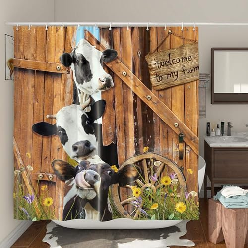 Duschvorhang 240x200 Anti-Schimmel Bauernhof Kuh Duschvorhänge Wasserdicht Waschbar Polyester Textil Badevorhang Rustikale Dielen 3D Shower Curtain A-1271