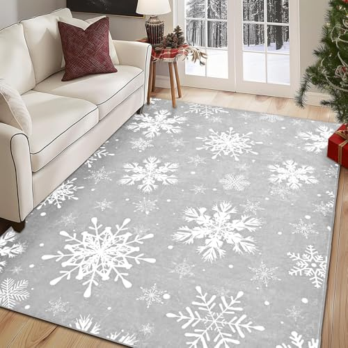 Alishomtll Weihnachten Teppich 90x150cm Schneeflocke Grau Weihnachtsteppich | Rutschfest Waschbar Weicher Küchenteppich, Kurzflor Teppich Läufer für Haustiere, Weihnachten Deko für Küche Wohnzimmer