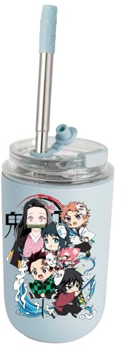 UBBY Demon Slayer Edelstahl Isolierflasche Wasserflasche 280 ml Auslaufsicher Trinkflasche mit Strohhalm Trinkbecher für Zuhause, Büro und Outdoor (Blaue Schwertenergie)
