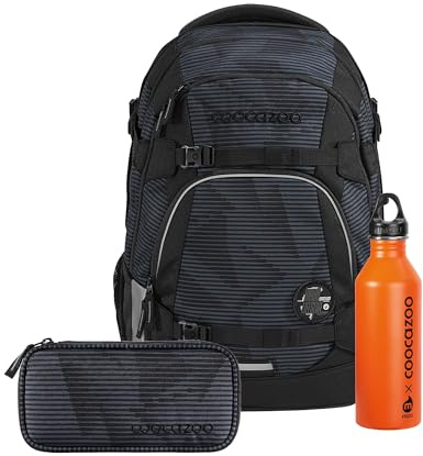 coocazoo Schulrucksack-Set Mate „Dark Mission“ 3-teilig, schwarz-grau, ergonomischer 30L Tornister, mit Brust- und Hüftgurt für Kinder ab der 5. Klasse, inkl. Mäppchen und Edelstahl-Trinkflasche
