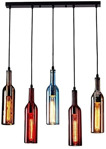 WGFJKI Wine Bottle Chandelier 5-Light Creative Colored Glass Pendant Light Personality Restaurant Ceiling Lighting Loft Industrial Cafe Bar Decoration Vintage Hanging Lights with E27 Fitting