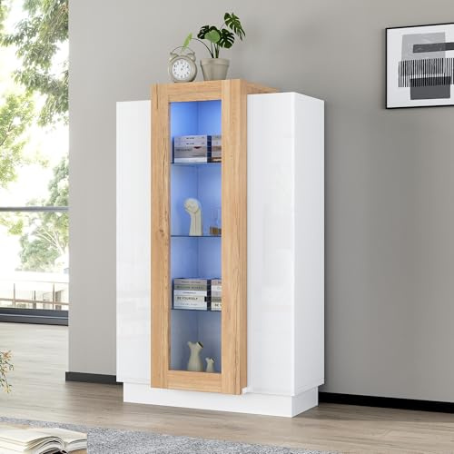 BTM 74x40x120cm Wohnzimmerschrank mit 3 Türen, transparente Türen, Vitrine Hochglanz mit LED, Bücherschrank mit Glasablagen und Schublade, mit Einer Höhe von 120cm