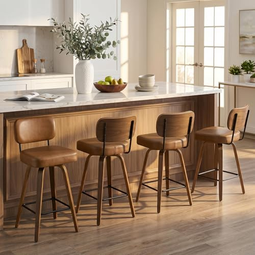 Bekrvio Barhocker 4er Set mit Lehne, 360° drehbar aus Holz, Sitzhöhe 65 cm, Extra Starke Polsterung 7 cm & Pflegeleichtes Kunstleder, Belastbar bis 150 kg, für Kücheninsel & Theke, Braun