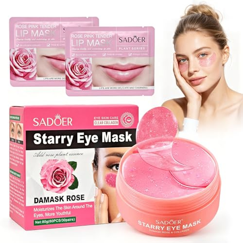 60 Pezzi Patch Occhi Antirughe,Patch Occhiaie e Borse,Collagene Patch Occhi con 2 Pezzi Maschera per le Labbra,Anti-Rughe,Contorno Occhi Idratante,Rimuovi Borse e Puffiness(Rosa)