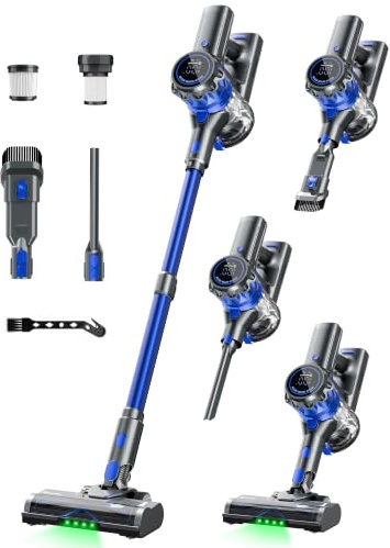 Aspirateur Balai sans Fil, avec Écran LED, Brosse Anti-Enchevêtrement | 1,6 L Capacité, Autoportant, Ultra-Silencieux, 50kPa/60min, Filtration multiple, LED Vert, Poils d'animaux/Sols Durs