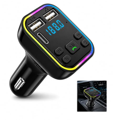 Car Bluetooth Transmitter, 5.3 Car Bluetooth Adapter with PD 20W & QC 3.0 Fast Charging, Dual USB & USB-C Port, Hands-Free Calling, FM Radio Transmitter, Supports USB/TF Card