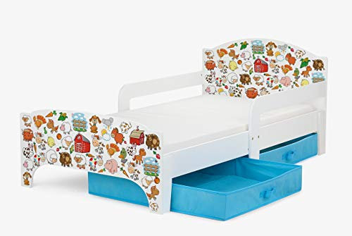 Leomark SMART Kleinkinderbett aus Holz - Farm - Kinderbett mit Schubladen für Bettwäsche, Einzelbett mit Matratze, Stauraum, Rausfallschutz Lattenrost, Liegefläche 140 x 70 cm, UV-Druck