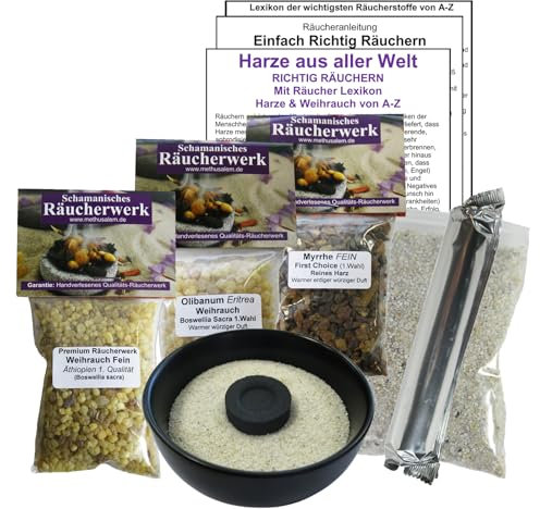 3 x TOP 3 HARZE zum räuchern WEIHRAUCH + Olibanum + MYRRHE 3 x 50ml (150ml). 7-TLG Räucherset mit Olibanum Eritrea + WEIHRAUCH FEIN + MYRRHE FEIN + ZUBEHÖR. 81670-7