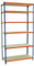 SimonRack Schwerlastregal, Lagerregal, 250x90x30 cm, Metallregal, Kellerregal, Biegestelle 150 kg, 6 Holzfachböden, Blau/Orange/Holz - Maderclick