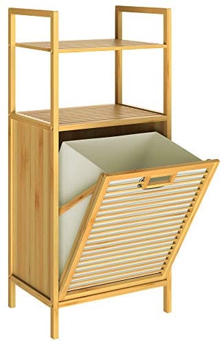 CASARIA® Badregal mit Wäschekorb 36 L Wäschesammler Bambus Holz Wäschesack Herausnehmbar 95x40x30cm Groß Badezimmerregal 2 Ablagen Wäschebox Regal
