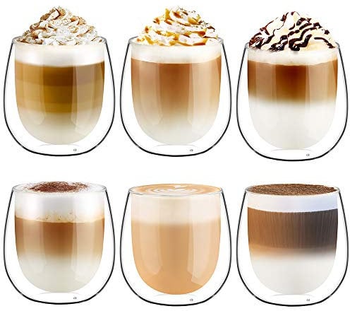 glastal 6x250ml Double Walled Coffee Glasses Mugs Cappuccino Latte Macchiato Glasses Cups for Coffee Tea Milk Juice Ice Cream Borosilicate Heat Resistant Glass Cups