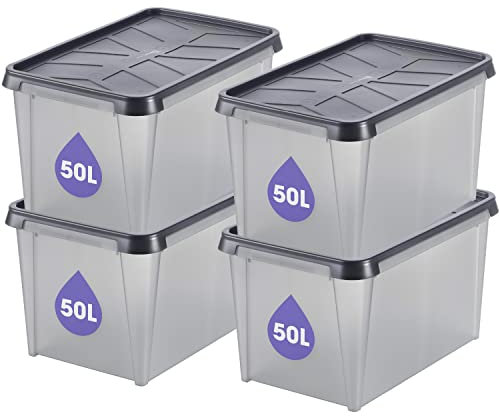 SmartStore Boites de Rangement en Plastique Garage avec Couvercles - Lot de 4 - Transparentes - IP44 - Étanches, Emboîtables et Empilables - Aptes au Contact Alimentaire - L 60 x l 40 x H 35 cm - 55L