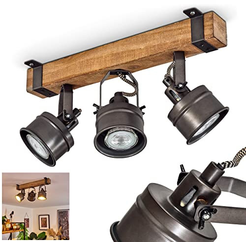 Deckenleuchte Pehefito, Deckenlampe im Vintage-Design aus Metall/Holz in Schwarz/Braun, Retro-Leuchte mit Holzbalken und verstellbaren Strahlern, 3-flammig, 3 x GU10-Fassung, ohne Leuchtmittel