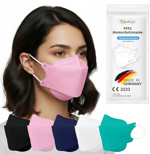 TubeRoo FFP2 Maske rosa pink Fischform, 50 Stück Masken aus Deutschland, Made in Germany, weiche Ohrschlaufen Bänder, Atemschutzmaske, Mundschutz