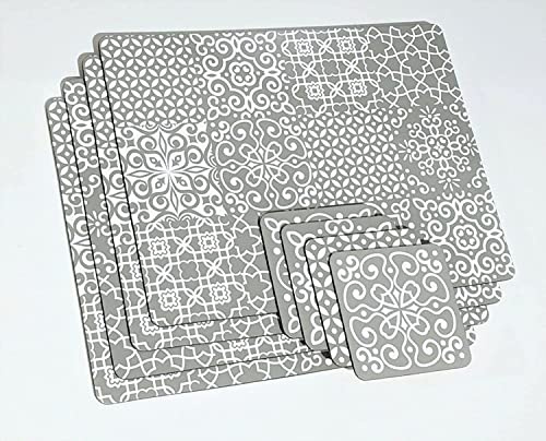 Deenz Coasters Geometric White Grey Printed Coaster & Placemat Set 8Pk, Accessorise Your Dining Table