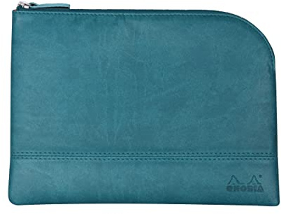 RHODIA 116636C - Faux Leather Zipped Pouch - Turquoise - Size M (16 x 22 cm) - Genuine Stitching - Orange Fabric Inside - Storage for Documents, Small Supplies