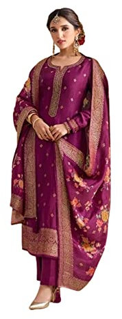ETHNIC EMPORIUM Punjabi Donna Zari Jaquard Seta Kurti Stampa Floreale Dupatta Donna Salwar Kameez 3968, Viola, Small