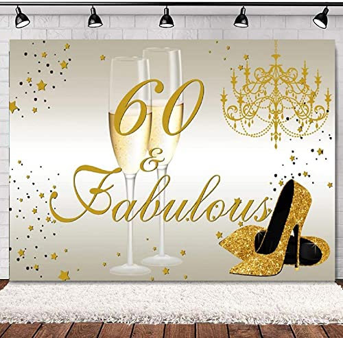 Photography Backdrop 60th Birthday Party for Women Gold Birthday Party Decor Poster High Heels and Champion Background Banner 300x200cm