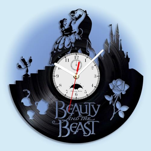 Viiluuxr Led Wanduhr Vintage Vinyl Schallplatte Wanduhren Die Schöne und das Biest Funkuhr Wand Nachtlicht Wanduhren Groß 30cm mit Fernbedienung 7 Farben des Lichts Beleuchtet Wanduhr.