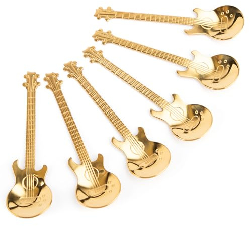 AUEAR, Gitarrenlöffel, Edelstahl, Kaffeelöffel, Demitasse, Espresso, Musik-Teelöffel zum Rühren, Mischen, Dessert, Eis, Tee, Kuchen, goldfarben, 6 Stück