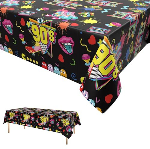 GRESATEK 90er Party Tischtuch 90er Tischdecke Geburtstag Einweg Plastik Wasserdicht Tischdecke Hip Hop Themen Party Deko für 1990er Jahre Themen Party 137 x 274cm
