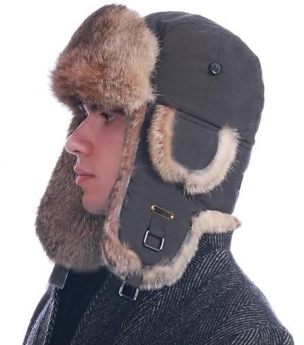 HEYANN Fliegermütze Herren, Ushanka Wintermütze Trappermütze Braun Kaninchenfell Fuzzy Winter Trapper Aviator Fliegermütze Warme Russenmütze Mütze mit Ohrenklappen(L/XL, Braun)
