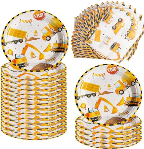Baustelle Partygeschirr Geburtstag Deko, Bagger Teller Set, 20 Pcs Bagger Pappteller und 20 Pcs Bagger Servietten Geburtstagsdeko, for Konstruktion Kinder Geburtstag,Baby Shower Party Decoration