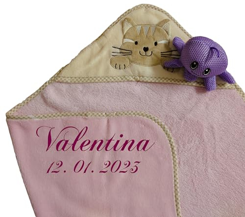 Wuff-Dogsworld Baby Kapuzentuch kuschlig weich mit Namen Geburtsdatum Bestickt inkl. niedlichem Badetier Geschenk Taufe Geburt (rosa Katze)