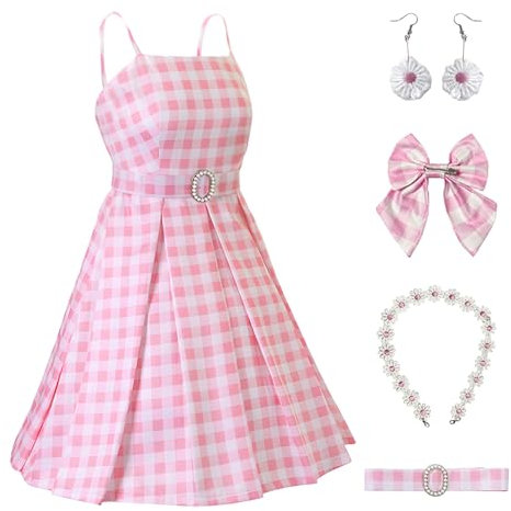 Metaparty Vestito da Principessa Rosa Plaid per Bambina, Vestito Halloween con Accessori Fiocco, Cintura, Collana, Orecchini, The Movie Costume (XXL, adulto)