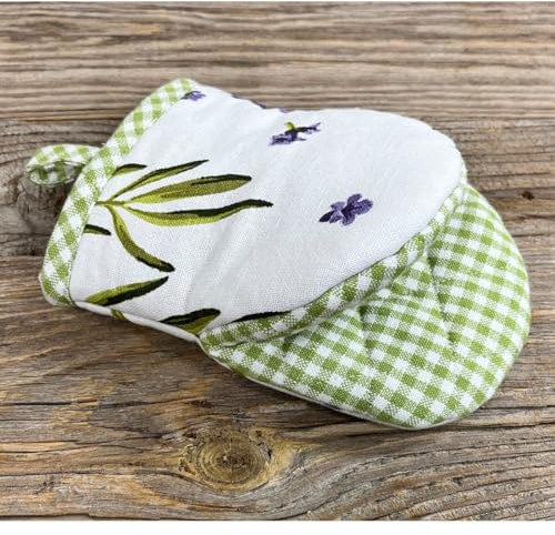 matches21 Topfhandschuh LAVINA in weiß grün Lavendel Druck - hitzebeständiger Ofenhandschuh in 12 x 16 cm Landhausdeko - Waschbarer Backhandschuh aus 100% Baumwolle geeignet zum Kochen, Backen
