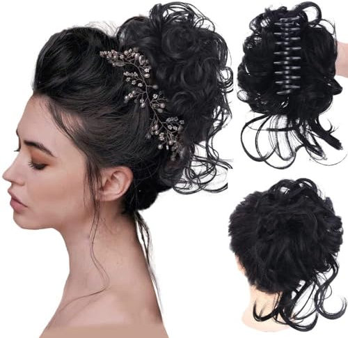 RPAEOY Haarteile Dutt mit Klammer Lockig Wellig Haargummi mit Haaren Klammer Synthetik Messy Bun Haar Scrunchies Haardutt Haarteile für Damen (Schwarz)
