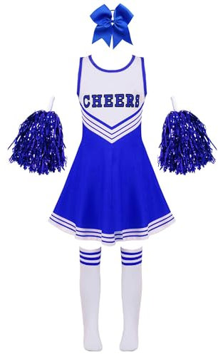 Jowowha Mädchen Cheer Leader Cheerleading Kostüm Schulmädchen Kleid mit Pompons Socken Karneval Fasching Party Halloween Kostüm Blau 146-152