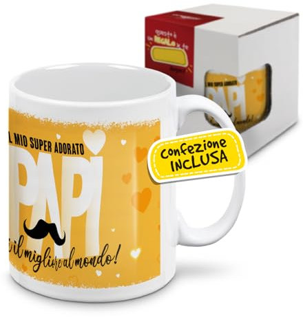 Tazza Regalo Festa del Papà, Idee Regali Compleanno, Originale ed Utile dai Figli, Mug Grande in Ceramica da Colazione o Portapenne Personalizzato con Illustrazione Al Mio Super Adorato Papi