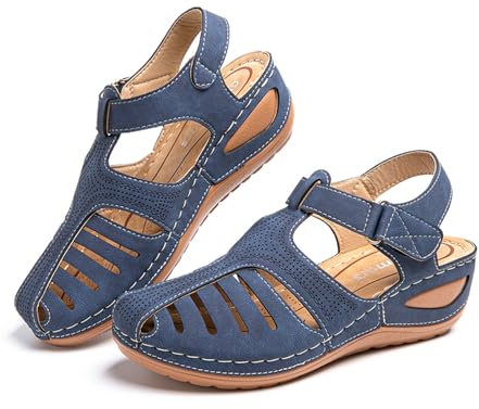 Sandale Femme Compensées Confort Mules Été Et Nu-Pieds Plateforme Plate Chaussures Bout Fermé Sandale Bride Cheville 1 Bleu 39 EU
