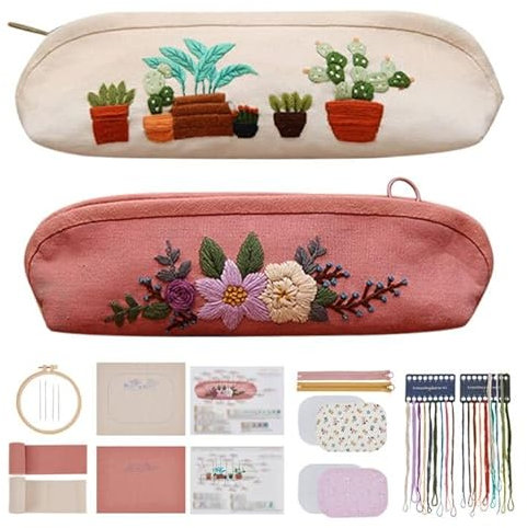 WEBEEDY 2 Set DIY Stickerei-Kit Leinwand Reißverschlusstasche Handgefertigte Stickerei-Leinwand-Stifttasche Kosmetiktaschen DIY Bestickte Clutch Starter-Kit Mit Allen Materialien Und Werkzeugen