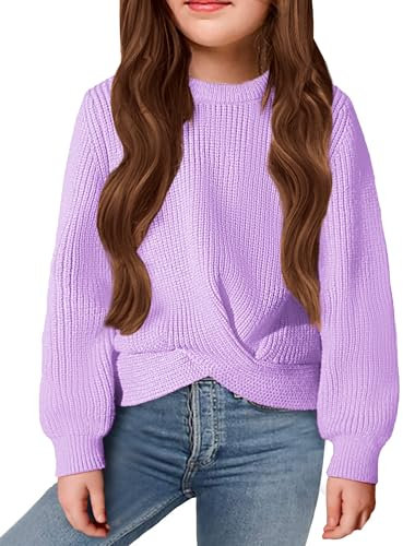 Arshiner Filles Pulls Mode Enfants Col Rond Pull Tricoté Automne Hiver Loisirs Manches Longues Tops pour Fille 11-13 Ans Lilas Violet