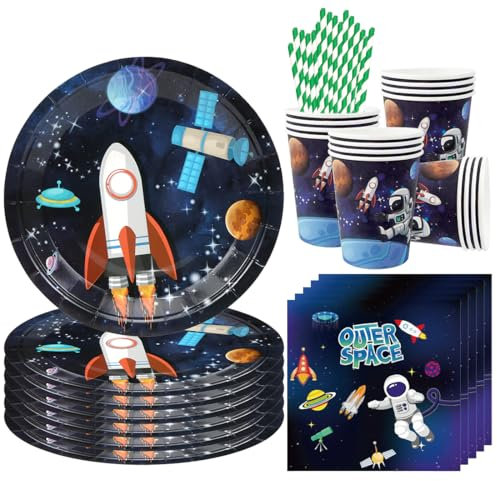 68 Pièce Assortiments Astronaute Vaisselle de Fete, Vaisselle Anniversaire Astronaute, Decoration Anniversaire Espace Assiette Tasse Serviette