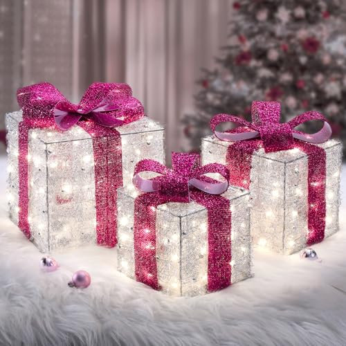 Quntis Light up Present Boxes Christmas 140 LEDs, Set of 3 Christmas Lighted Gift Boxes with 8 Modes and Timer, Plug in Pink Christmas Decorations, Light up Xmas Decorations for Indoor Outdoor