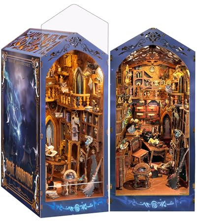 Quanquer DIY Book Nook Kit_avec Couverture Anti-poussière and Lampe LED Puzzle 3D en Bois Book Nooks Bibliothèque Miniature Dollhouse_Cadeau de créativité pour Adolescents et Adultes (Magic Lab