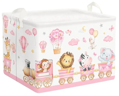 Clastyle 36L Groß Rosa Blume Zug Tier Kinder Aufbewahrungskorb mit Henkel Rechteckig Spielzeug Kleidung Affe Aufbewahrungsbox für Kinderzimmer Bad