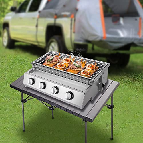 Gasgrill Camping Grill, 4 Brenner Tischgrill Gas Grill Klein BBQ Gasbräter, Edelstahl Campinggrill mit Abnehmbarer Grillrost, Gastro Gasgrill für Balkon Patio Garten (58 * 40 * 20cm)