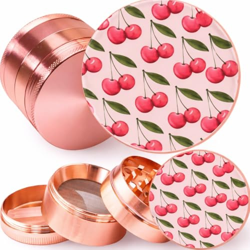 Pink Cherry Grinder - Four Piece Grinder with Full Print, Magnetic Top, Shark Teeth & Pollen Catcher - for Tobacco, Dry Herbs & Spices